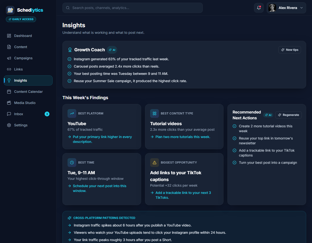 Schedlytics Insights with Growth Coach, best platform, best content type, best posting time, recommended next actions, and a needs-attention card